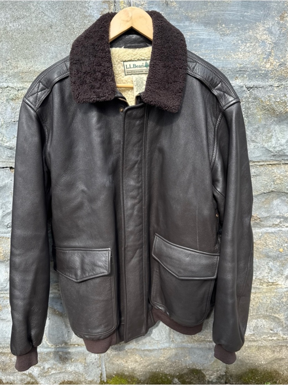 Vintage LL Bean Goat Skin Leather Bomber Jacket Mens L Tall Brown Sherpa Lined